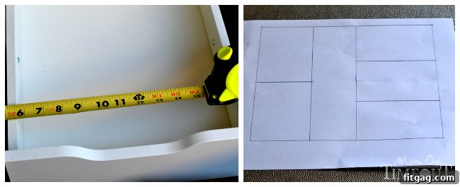An overhead view of a hand using a measuring tape to accurately measure the interior dimensions of a desk drawer, essential for planning a custom DIY organizer.