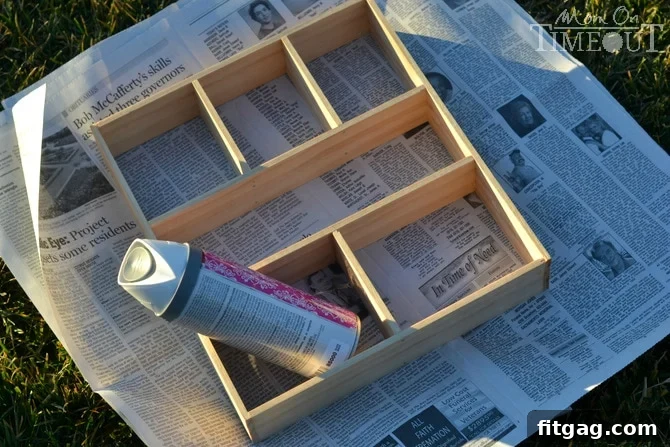 Wooden drawer dividers being carefully spray painted white on a protected surface in a well-ventilated outdoor setting, ensuring an even coat.