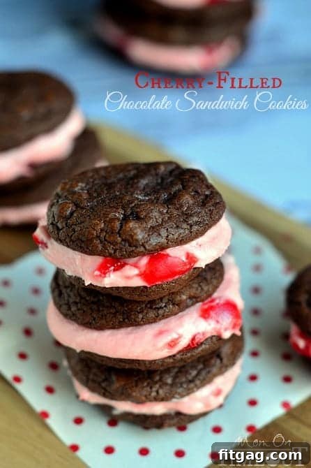 Easy Cherry Chocolate Cookie Recipe A stack of delicious Cherry Filled Chocolate Sandwich Cookies, highlighting the vibrant pink filling