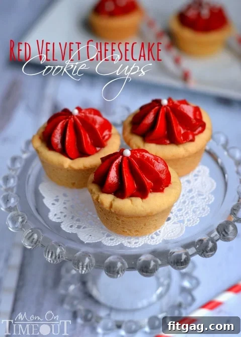 Delicious Red Velvet Cheesecake Cookie Cups with creamy no-bake red velvet cheesecake filling, perfect for Valentine's Day and easy to prepare. | MomOnTimeout.com