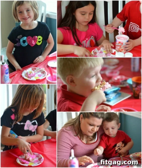 Collage of fun Valentine's Day party moments with Pillsbury treats and kids decorating.