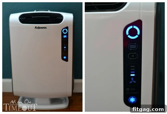 The sleek and compact Fellowes AeraMax DX-55 Air Purifier in a modern home setting.