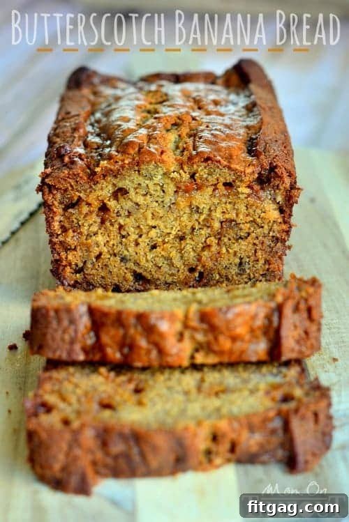 Deliciously moist butterscotch banana bread, perfectly sliced and ready to enjoy.