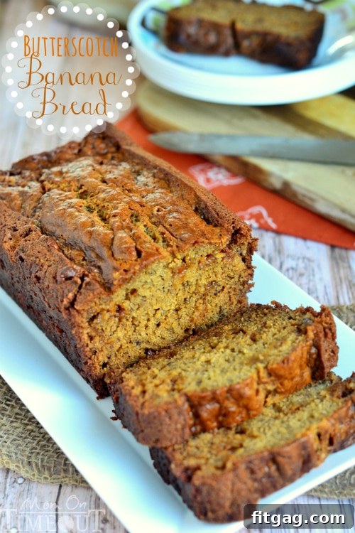 Close-up of a perfectly baked Butterscotch Banana Bread loaf, highlighting its moist interior and golden crust.