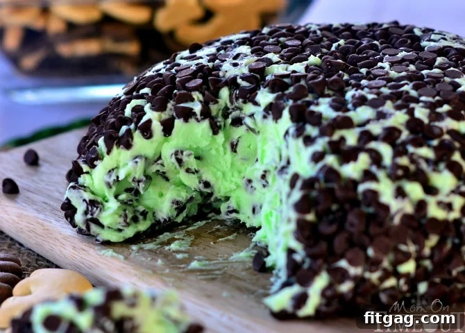 Homemade Mint Chocolate Chip Cheese Ball, a sweet dessert dip that looks and tastes like ice cream