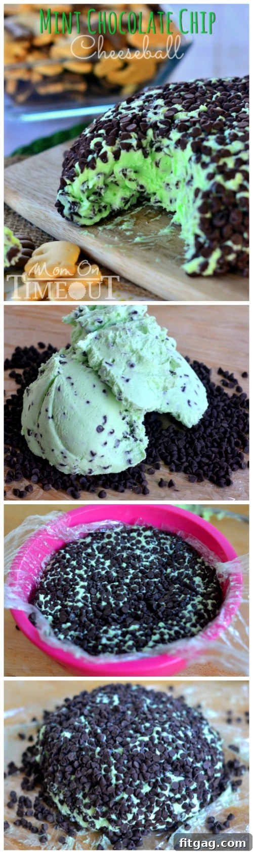 Finished Mint Chocolate Chip Cheese Ball on a serving tray with various dippers