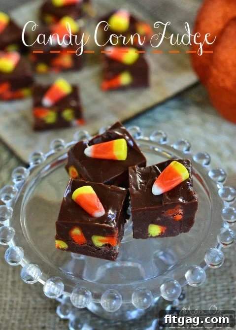 Rich chocolate candy corn fudge squares with colorful candy corn topping, perfect for Halloween gatherings and fall desserts.