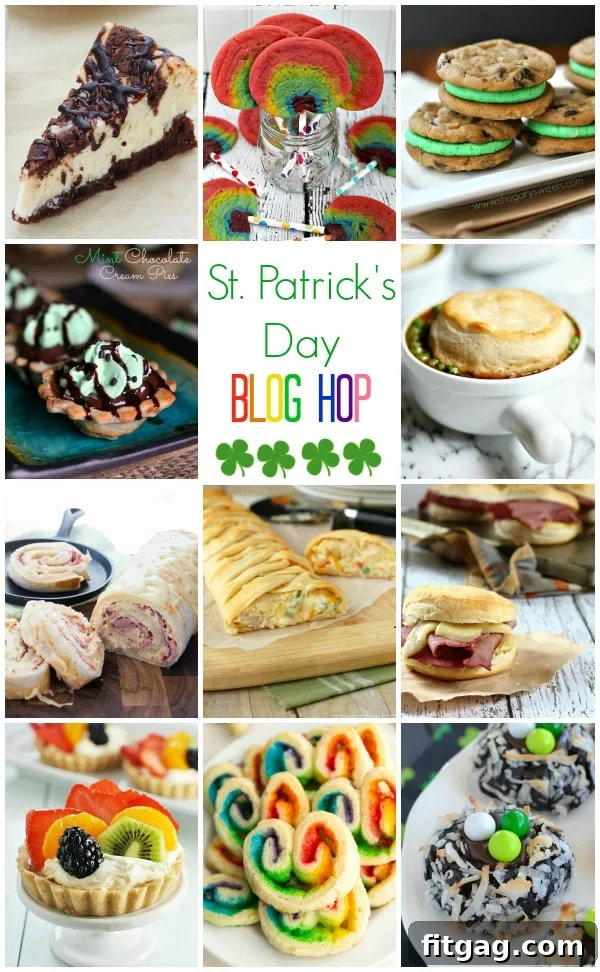 St. Patrick's Day themed recipe collage featuring various festive desserts and savory dishes.