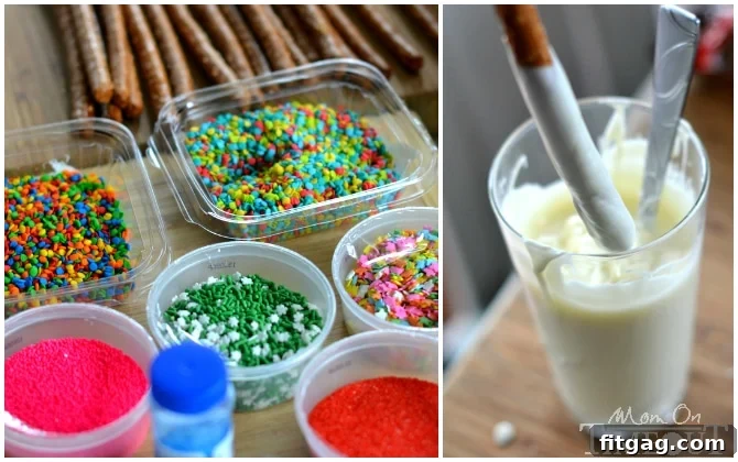 Close-up of Easy Rainbow Pretzel Wands, highlighting their vibrant sprinkles and delicious candy coating. A quick and scrumptious dessert idea.