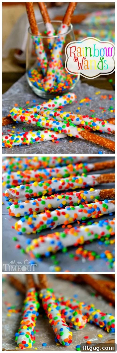A stunning vertical shot of assorted Rainbow Pretzel Wands, showcasing their bright colors and delicious appeal.