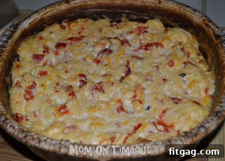 The cheesy Roasted Red Bell Pepper Dip, freshly baked and bubbly from the oven.