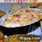 A close-up of the finished Roasted Red Bell Pepper Dip, inviting and delicious.