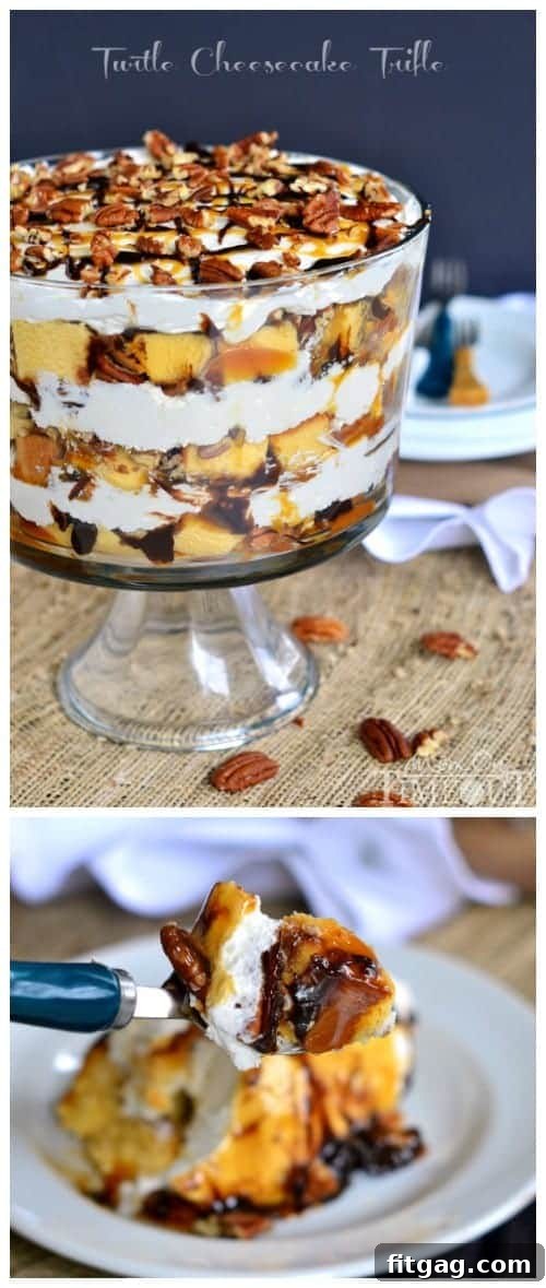 Turtle Cheesecake Trifle - Layers of caramel, chocolate, pecans, no bake cheesecake, and pound cake! | MomOnTime.com #PoundCakeDay A large, beautifully constructed Turtle Cheesecake Trifle, ready for serving, highlighting all the rich layers.
