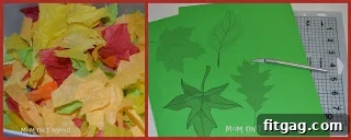 Child's hands tearing colorful tissue paper into small pieces for a craft project.