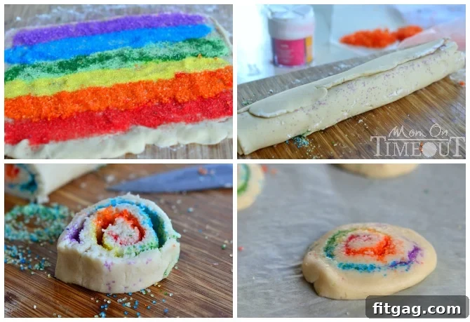 Sliced Rainbow Pinwheel Cookies ready for baking, displaying perfect pinwheel spirals.
