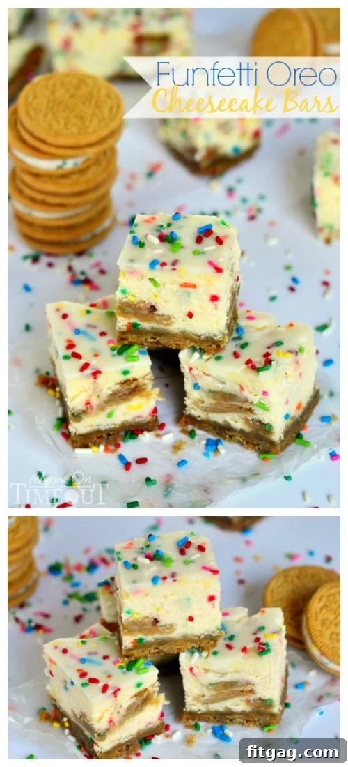 Funfetti Oreo Cheesecake Bar close-up with sprinkles and Oreo pieces. A beautifully cut Funfetti Oreo Cheesecake Bar, ready for a bite.