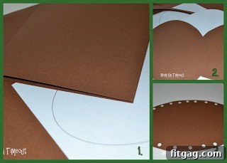 A three-image collage showing the process of folding brown paper, tracing a football template, and carefully cutting out the two symmetrical football shapes