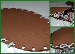 A three-image collage demonstrating how to begin lacing paper football halves with white yarn, leaving an opening for stuffing