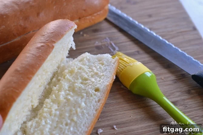 Garlic buttered French rolls for Shrimp Po' Boy Sandwiches.