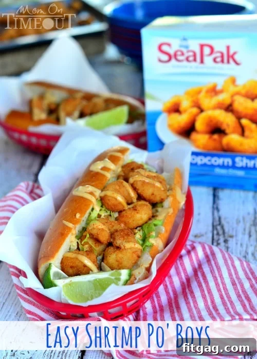 Close-up of a delicious Easy Shrimp Po' Boy Sandwich.