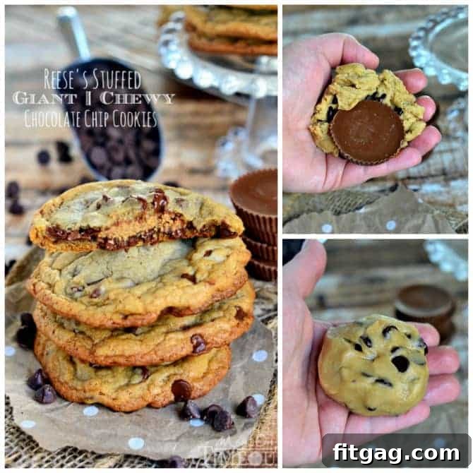 Several Reese's Stuffed Giant Chewy Chocolate Chip Cookies stacked, with one bitten to reveal the melted peanut butter cup inside.