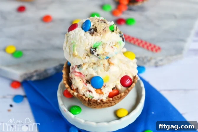 Monster Cookie Dough Ice Cream - made with eggless, edible cookie dough. NO MACHINE NEEDED | MomOnTimeout.com Close-up of Monster Cookie Dough Ice Cream showing the texture and cookie dough chunks