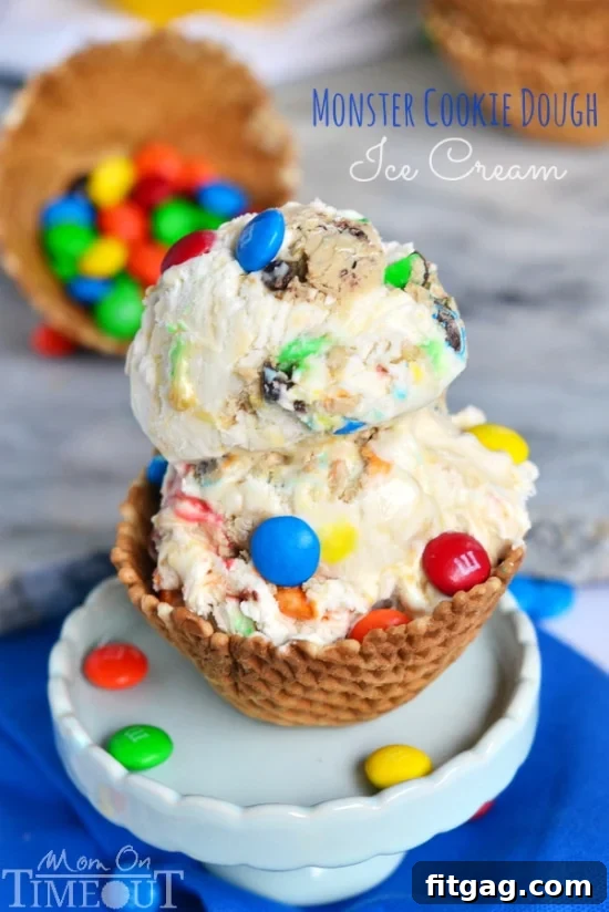 Monster Cookie Dough Ice Cream - made with eggless, edible cookie dough. NO MACHINE NEEDED | MomOnTimeout.com Monster Cookie Dough Ice Cream served in a waffle cup with extra M&Ms