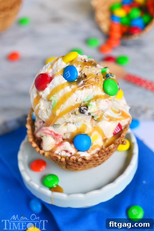Monster Cookie Dough Ice Cream - made with eggless, edible cookie dough. NO MACHINE NEEDED | MomOnTimeout.com Close-up of Monster Cookie Dough Ice Cream with caramel drizzle