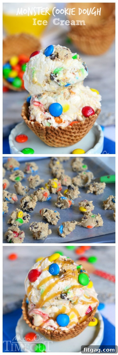Monster Cookie Dough Ice Cream - made with eggless, edible cookie dough. NO MACHINE NEEDED | MomOnTimeout.com Large image of Monster Cookie Dough Ice Cream in a bowl with a spoon