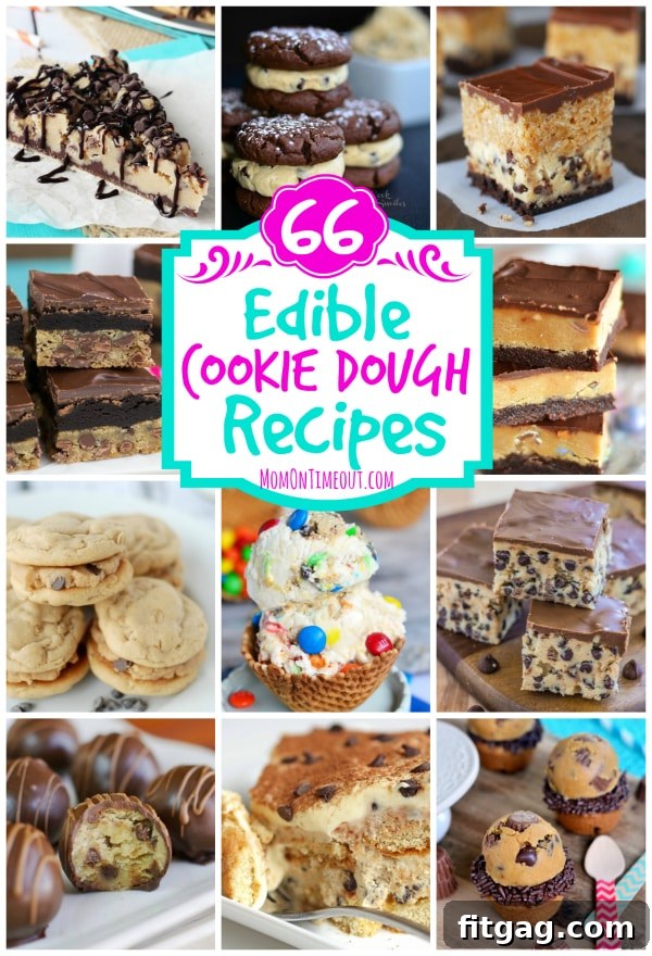 A second vibrant collage of edible cookie dough recipes, showcasing a wide variety of desserts like cakes, brownies, and cookies, all featuring safe-to-eat cookie dough. The images are mouth-watering and inspiring.