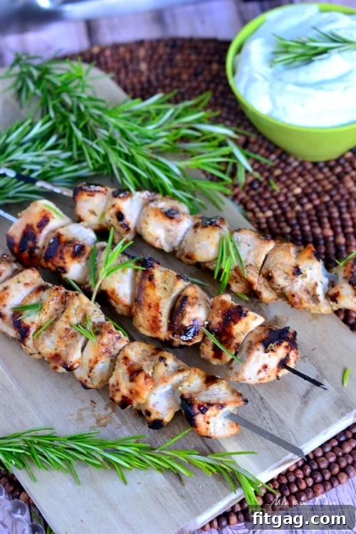 Close-up of grilled Rosemary Buttermilk Ranch Chicken Skewers, showing golden-brown chicken