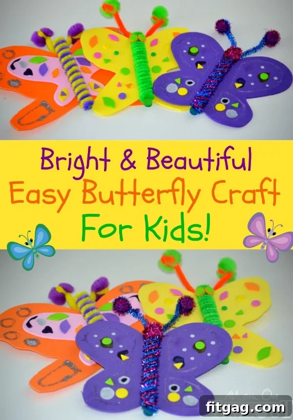 Dazzling Butterfly Creations 2 Easy butterfly craft for kids collage with three butterflies made with foam and popsicle sticks