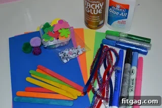 Dazzling Butterfly Creations 3 materials needed to make butterfly craft for kids including Foam Sheets Glue Popsicle Sticks Pipe Cleaners Pom-Poms Pens Glitter Glue Foam Stickers Googly Eyes