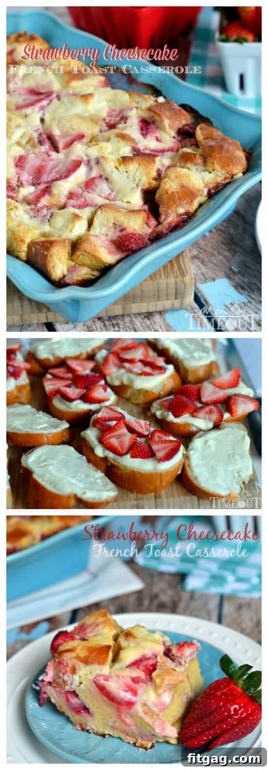 Overnight Strawberry Cheesecake French Toast Casserole from MomOnTimeout.com Overnight Strawberry Cheesecake French Toast Casserole, served in a dish with a slice cut out, showing the layers.
