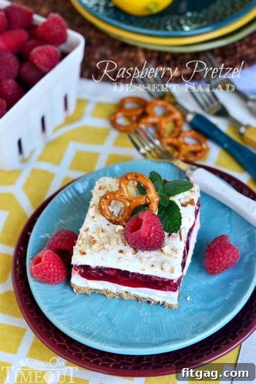 Raspberry Pretzel Dessert Salad | MomOnTimeout.com Another view of the completed Raspberry Pretzel Dessert Salad, ready to serve.