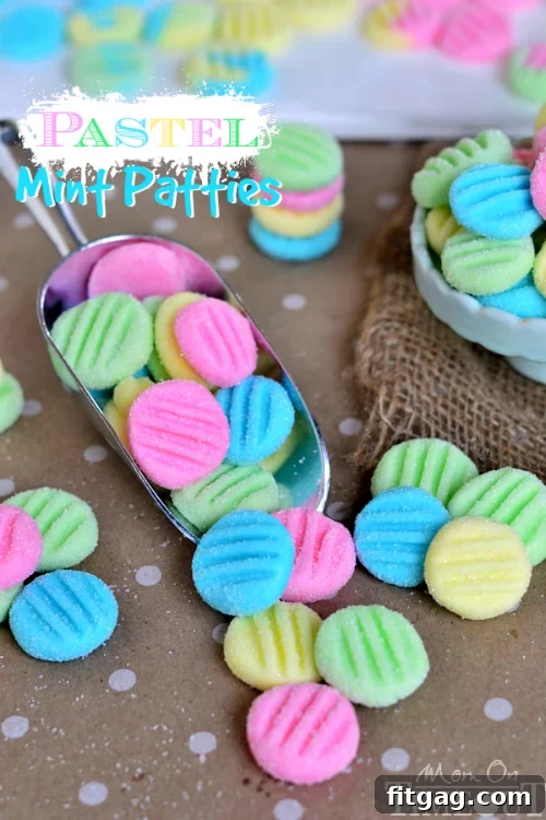 A hand reaching for a Pastel Mint Patty, highlighting the fresh, appealing colors and homemade quality. A perfect Easter candy.