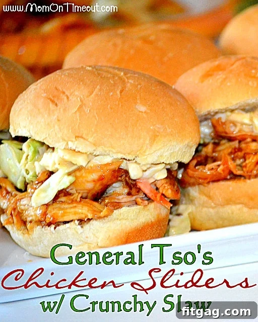 General Tso's Chicken Sliders with Crunchy Slaw on a white tray, perfect for parties or a quick dinner