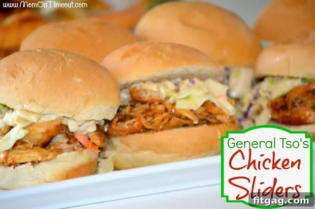 Close-up of General Tso's chicken slider with crunchy coleslaw