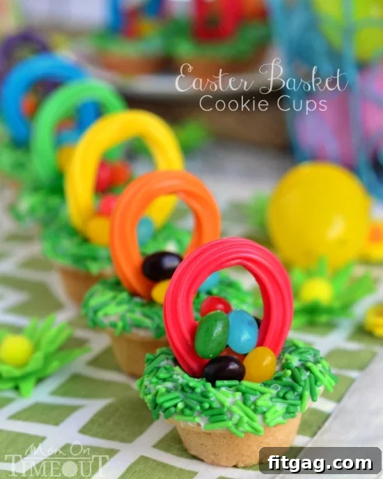 Delicious Easter Basket Cookie Cups with green sprinkles and jelly beans