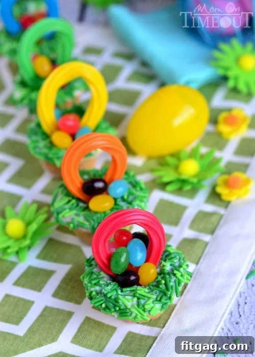 Close-up of Easter Basket Cookie Cups with colorful jelly bean eggs