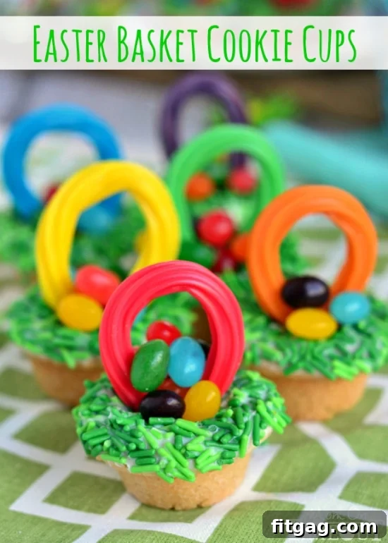 Pink and purple Easter Basket Cookie Cups with rainbow Twizzlers
