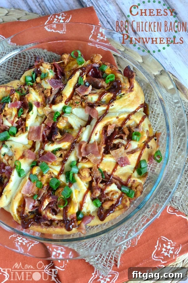 Close-up of golden brown Cheesy BBQ Chicken Bacon Pinwheels baked to perfection