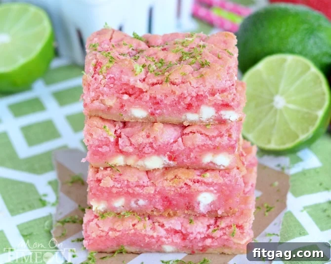 Strawberry Lime White Chocolate Gooey Bars are perfect for any occasion Close-up of Strawberry Lime White Chocolate Gooey Bars, showcasing their delicious texture