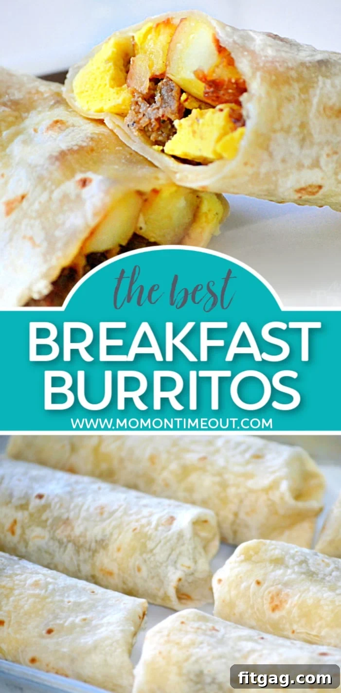 Two breakfast burritos, one cut in half revealing filling, with six whole burritos on a baking sheet in the background.