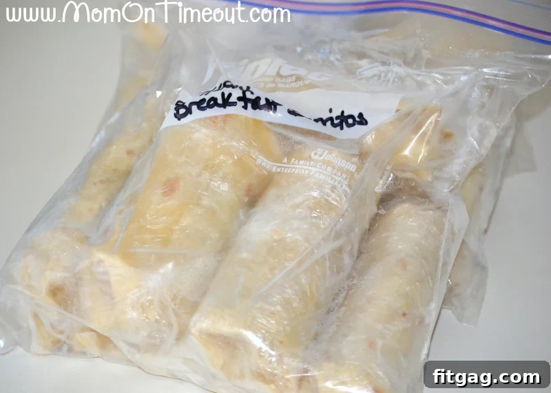 A large ziploc bag filled with individually wrapped frozen breakfast burritos.