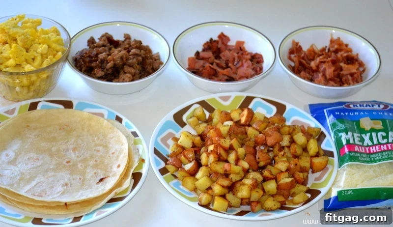 All breakfast burrito ingredients laid out on a kitchen counter for assembly.