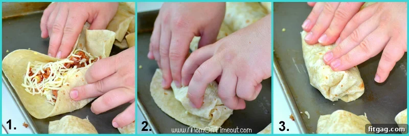 Three-image collage showing the step-by-step process of rolling up a breakfast burrito.