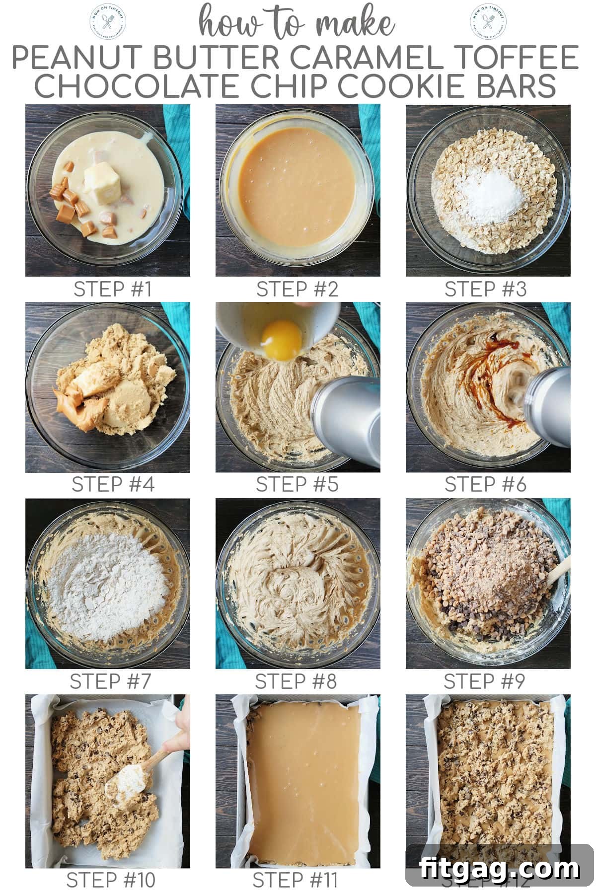 A twelve-image collage demonstrating the step-by-step process of making peanut butter caramel toffee chocolate chip cookie bars, from mixing ingredients to layering and baking.