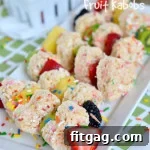 Finished Funfetti Rice Krispies Treats Fruit Kabobs on skewers