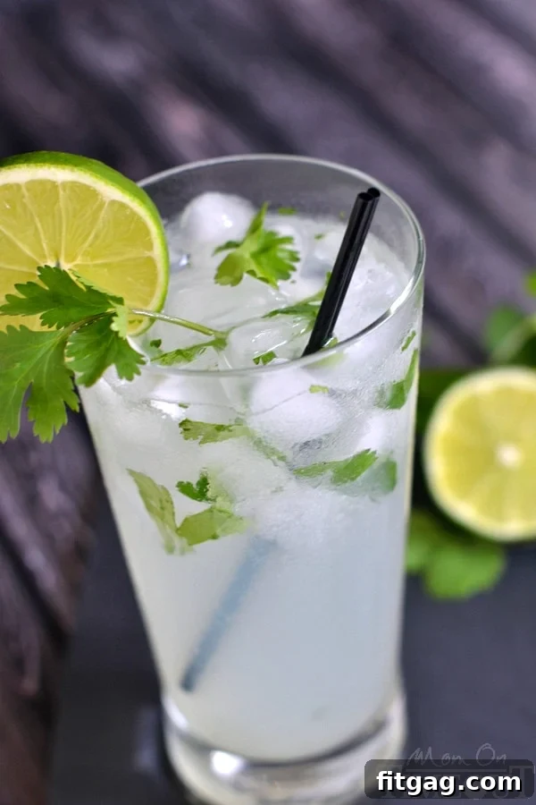 Coconut Lime Cilantro Quencher 3 Close-up of a Coconut Lime Cilantro Cooler cocktail with fresh lime and cilantro garnish.